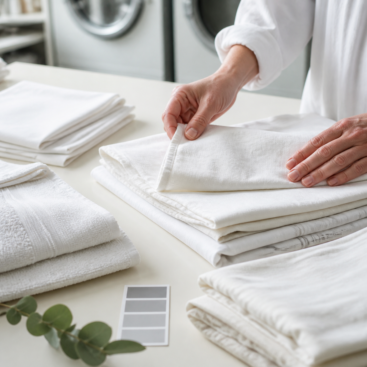 Inspection de textiles blancs sur une table de blanchisserie