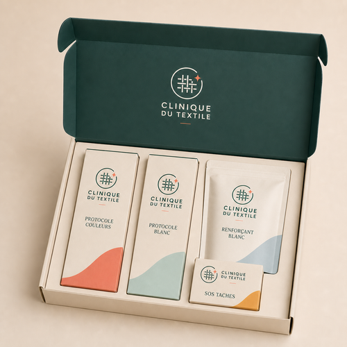 Coffret ouvert du Pack Essentiel Clinique du Textile et ses quatre soins du linge