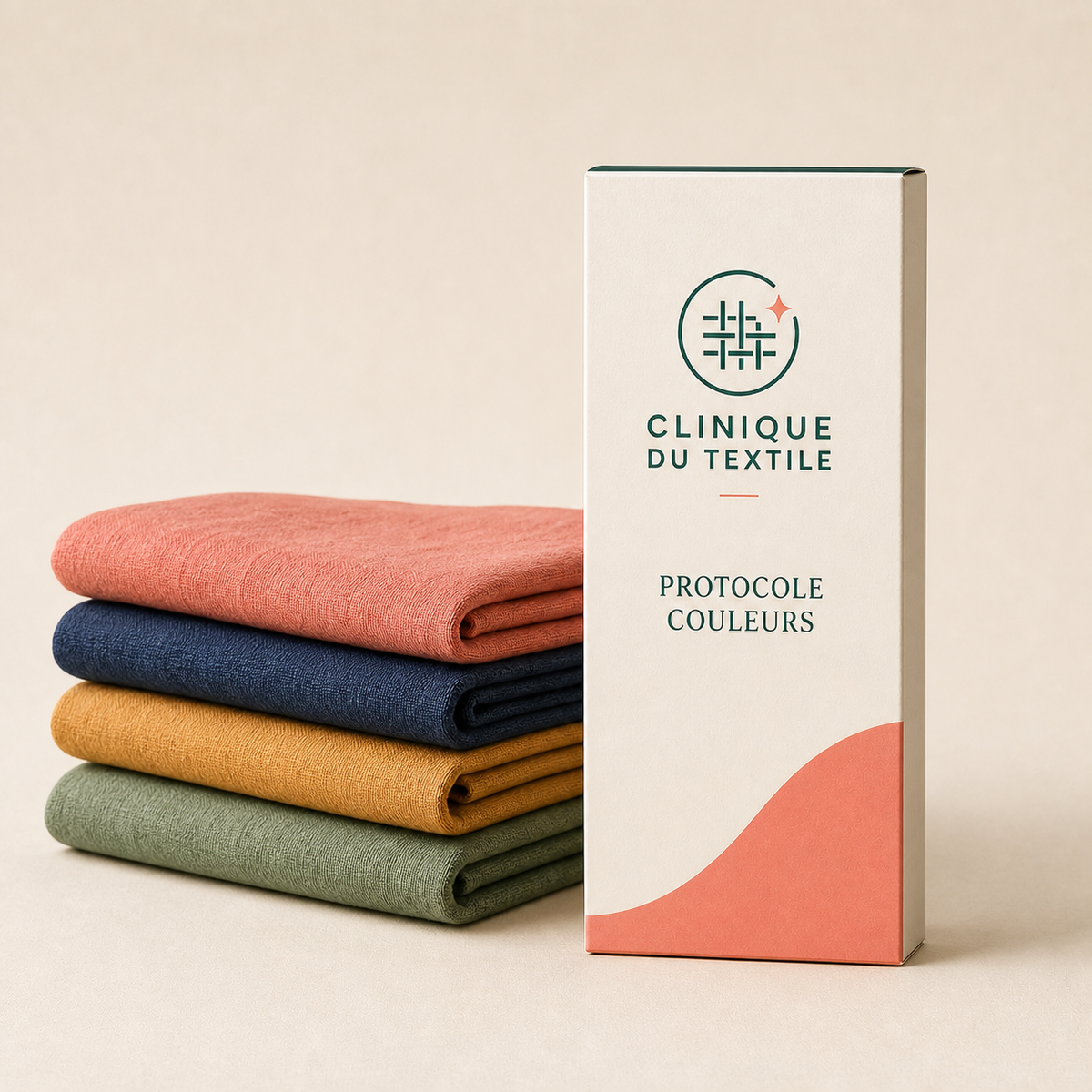 Protocole Couleurs Clinique du Textile présenté avec du linge coloré plié